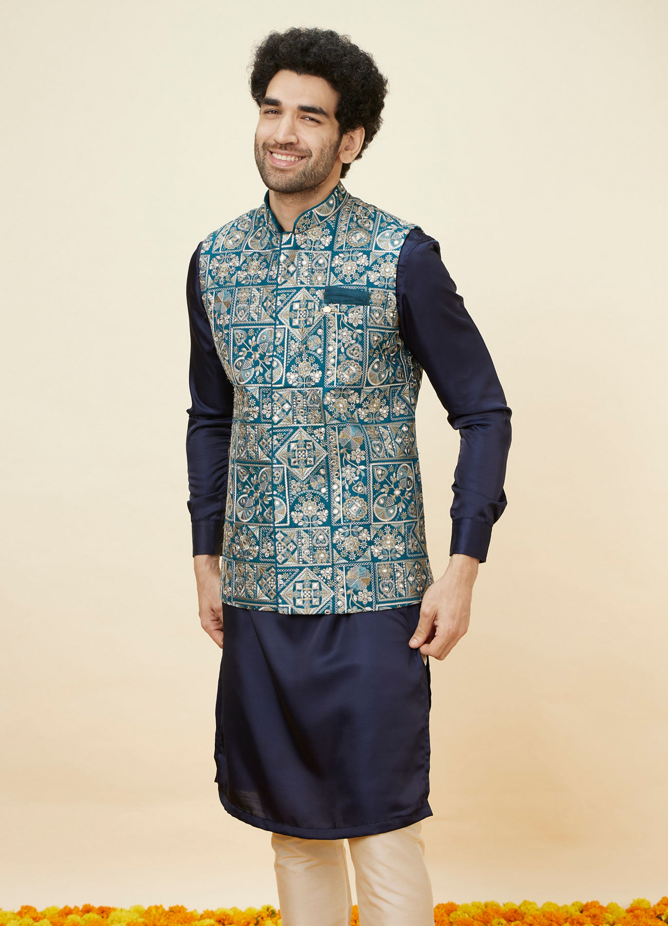 Manyavar Men Ferozi Blue Botanical Patterned Jacket
