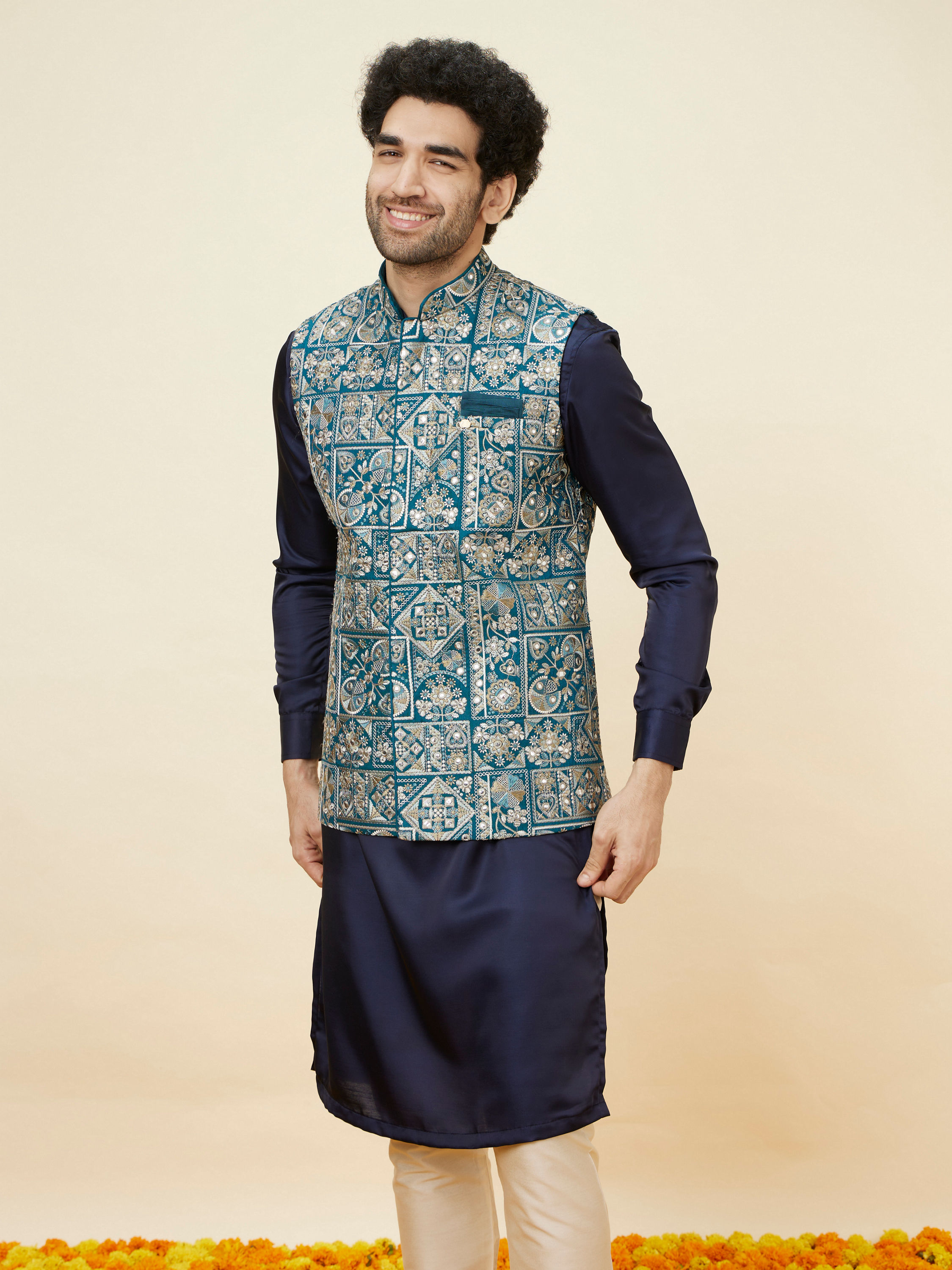 Manyavar Men Ferozi Blue Botanical Patterned Jacket