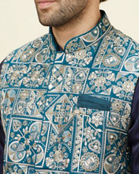 Manyavar Men Ferozi Blue Botanical Patterned Jacket