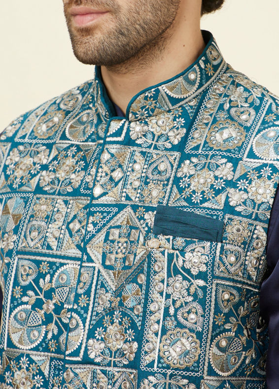 Manyavar Men Ferozi Blue Botanical Patterned Jacket