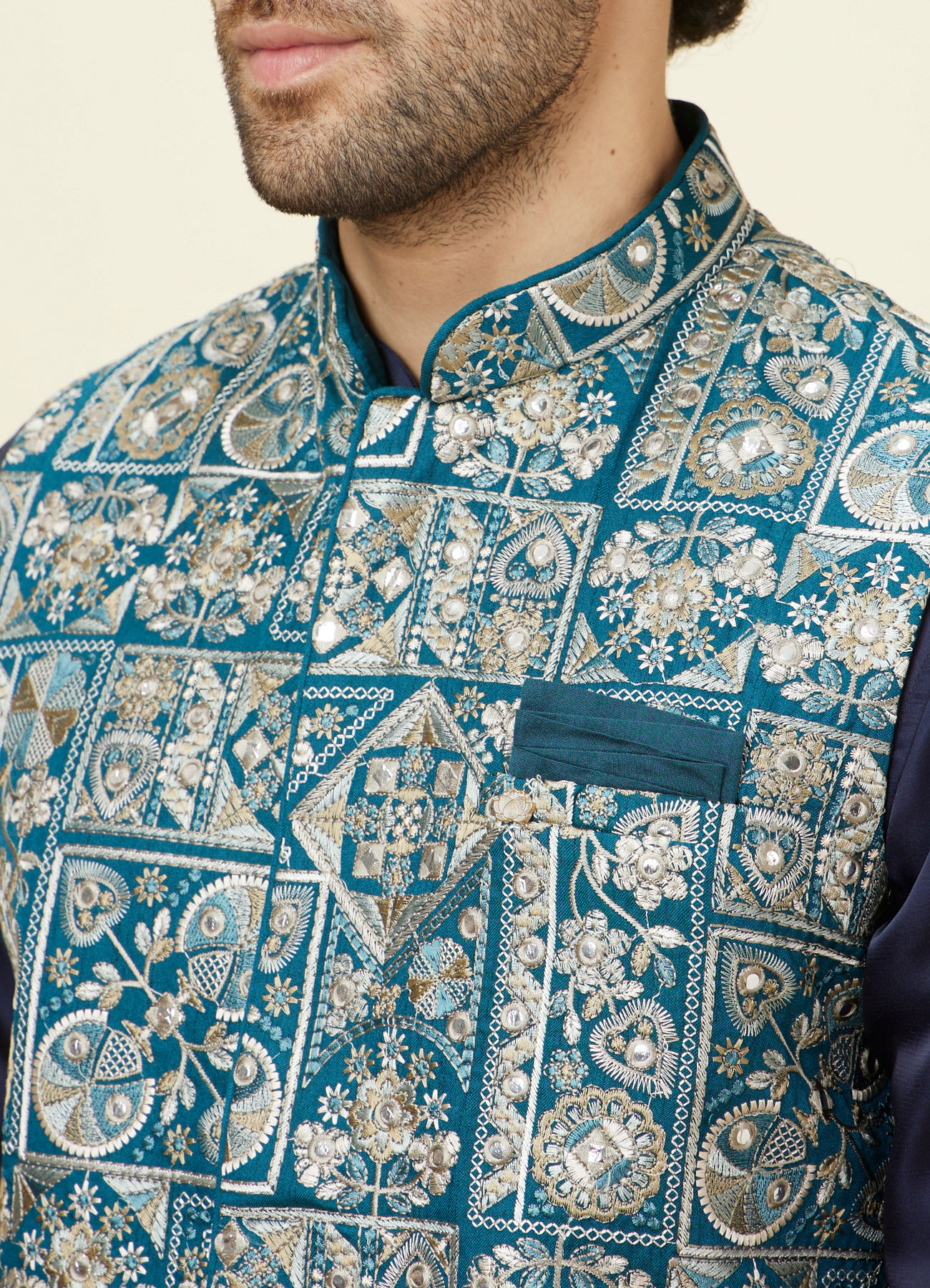 Manyavar Men Ferozi Blue Botanical Patterned Jacket