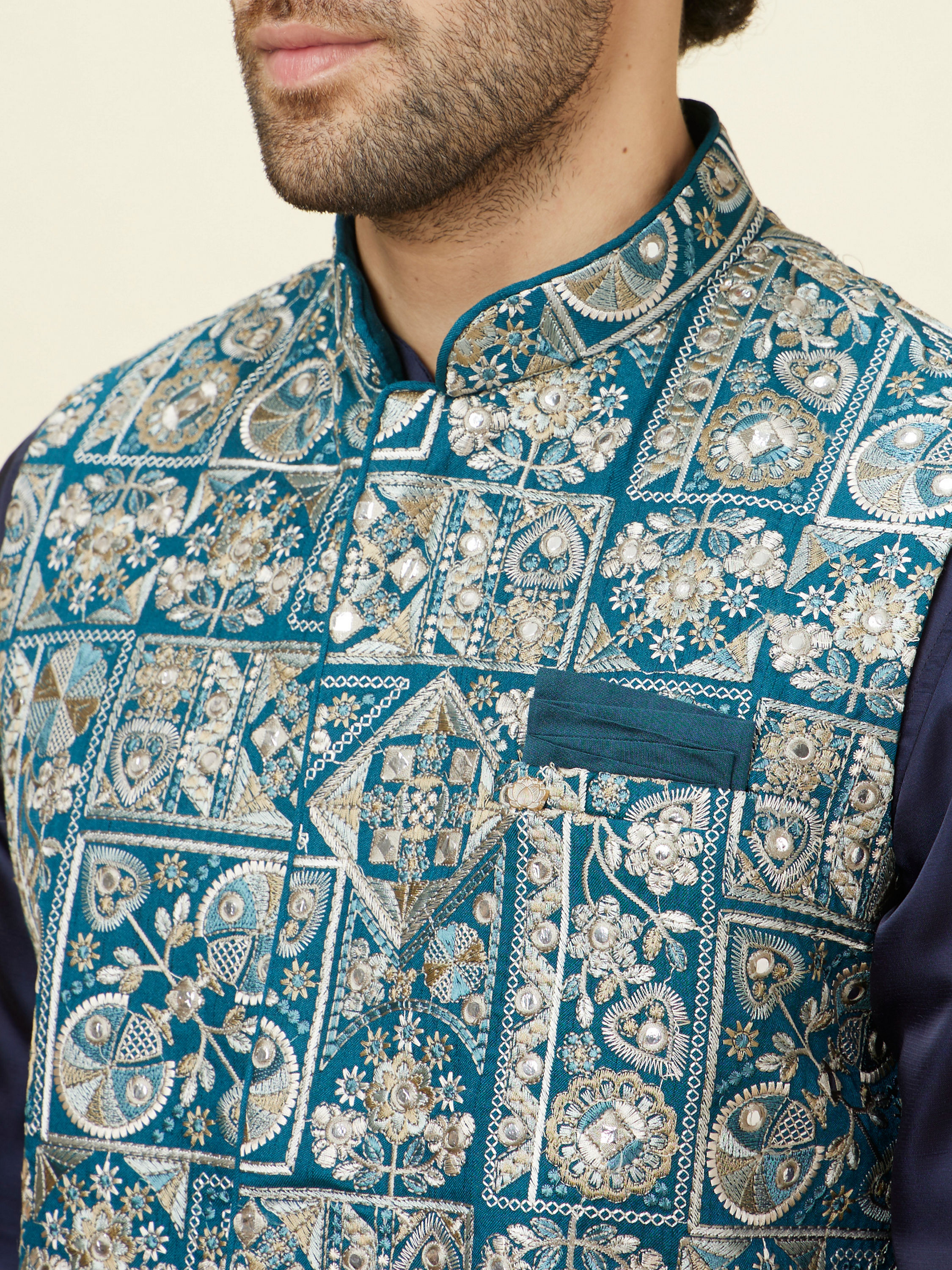 Manyavar Men Ferozi Blue Botanical Patterned Jacket