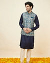 alt message - Manyavar Men Ferozi Blue Botanical Patterned Jacket image number 2