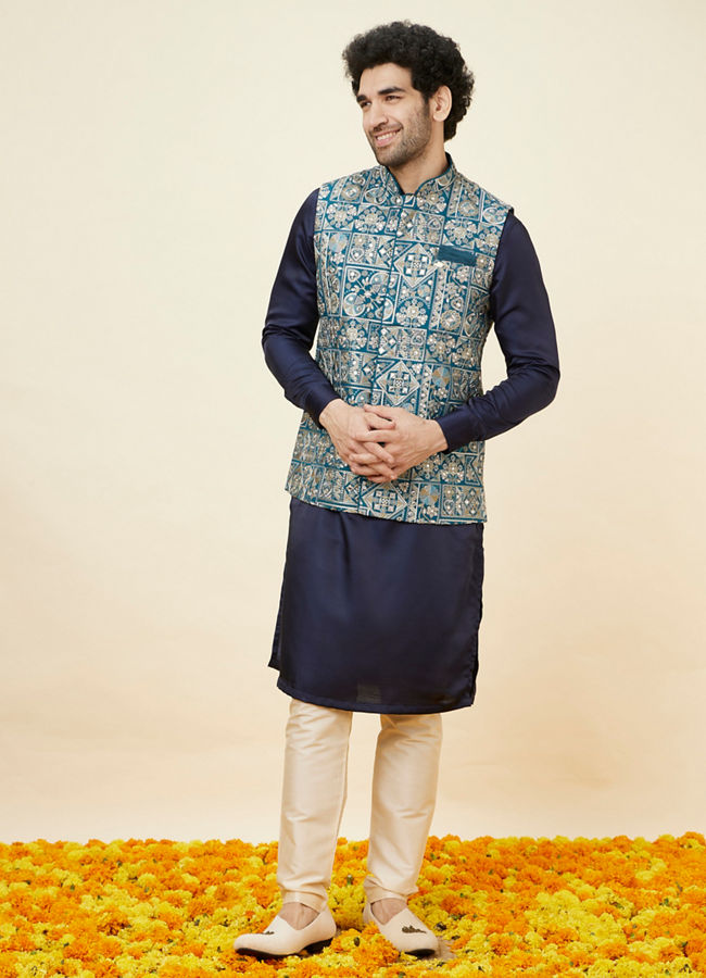 alt message - Manyavar Men Ferozi Blue Botanical Patterned Jacket image number 2