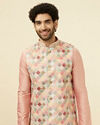 alt message - Manyavar Men Soft Beige Jaal Patterned Chikankari Embroidered Jacket image number 0