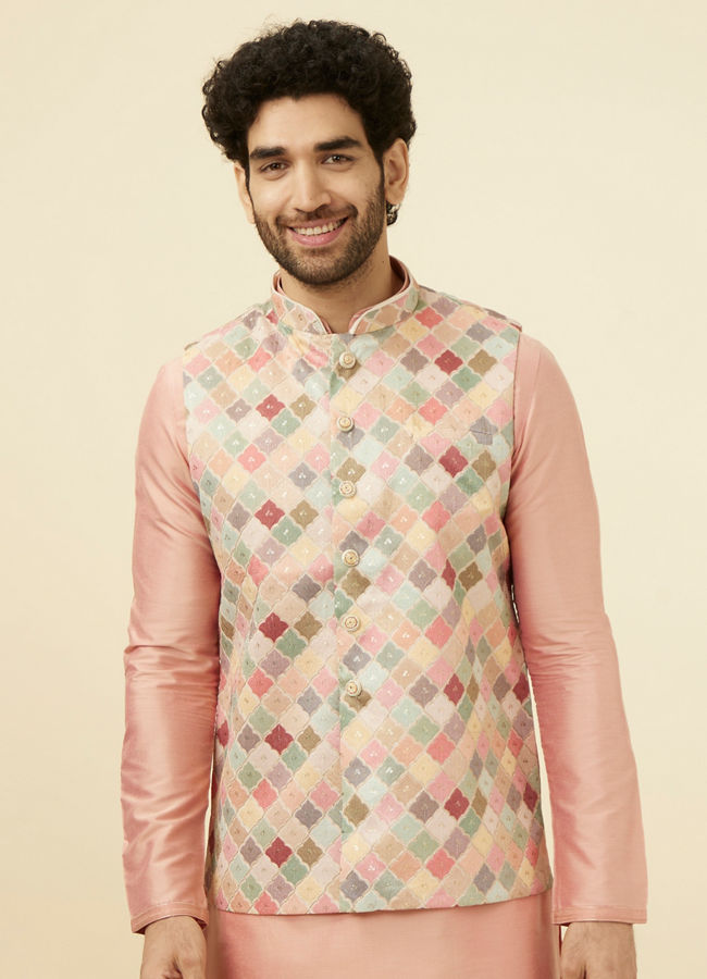 alt message - Manyavar Men Soft Beige Jaal Patterned Chikankari Embroidered Jacket image number 0