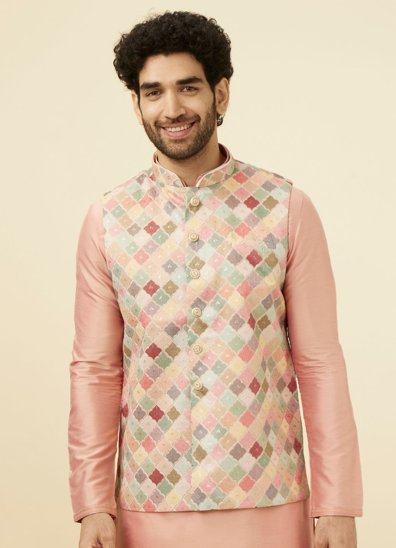 Manyavar Men Soft Beige Jaal Patterned Chikankari Embroidered Jacket