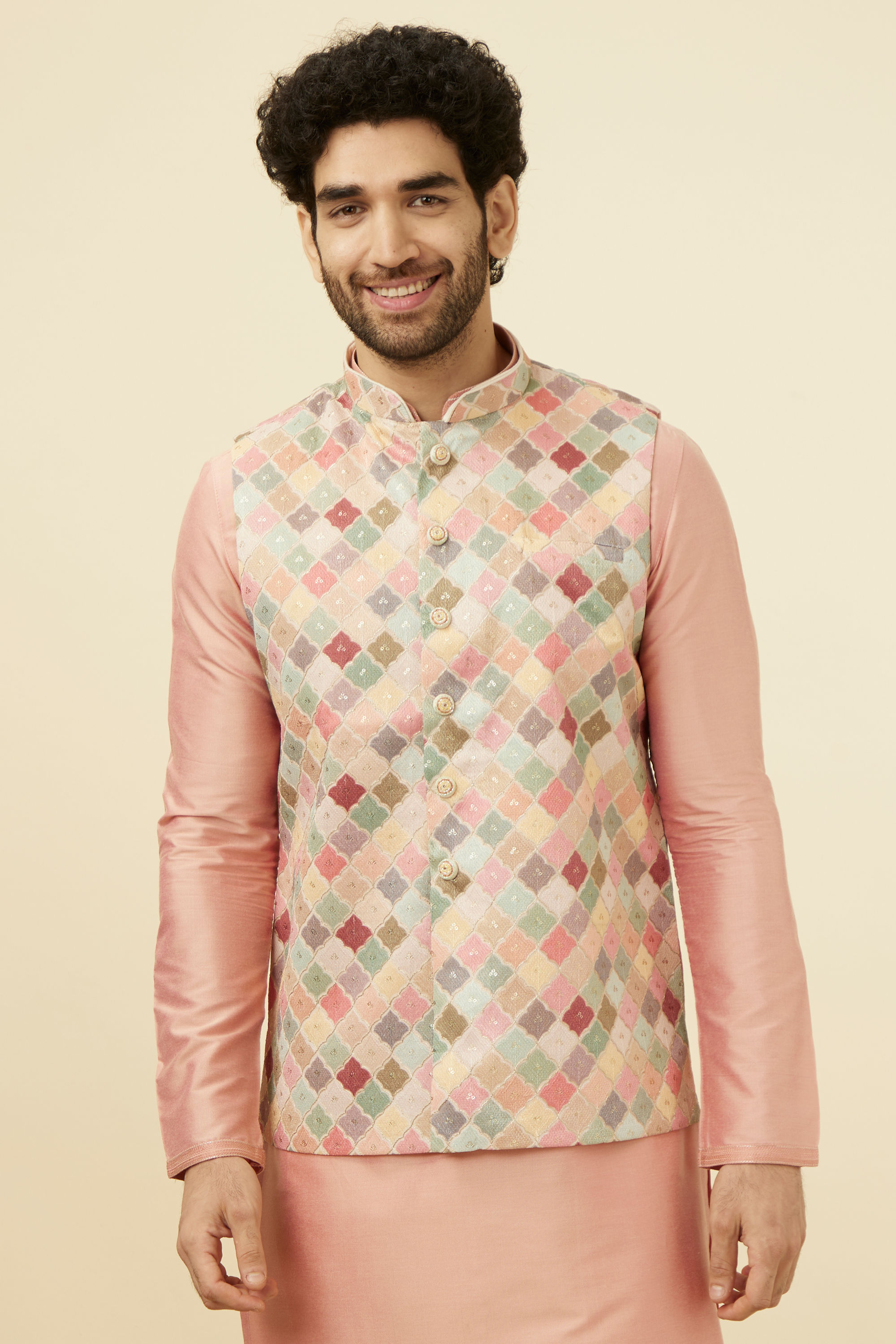 Manyavar Men Soft Beige Jaal Patterned Chikankari Embroidered Jacket