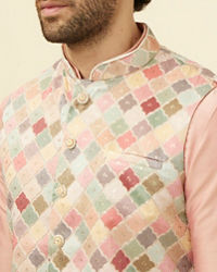 Manyavar Men Soft Beige Jaal Patterned Chikankari Embroidered Jacket