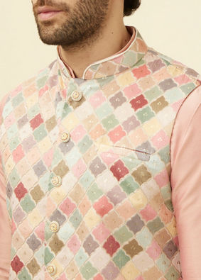 alt message - Manyavar Men Soft Beige Jaal Patterned Chikankari Embroidered Jacket image number 1