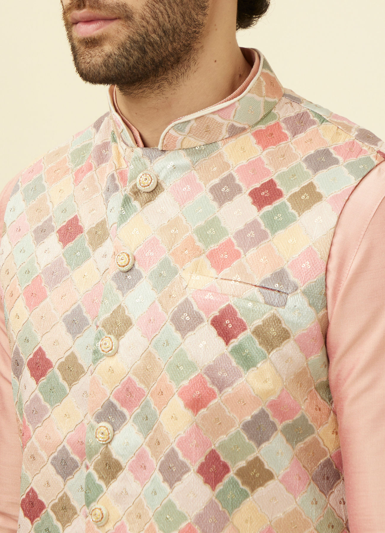 Manyavar Men Soft Beige Jaal Patterned Chikankari Embroidered Jacket