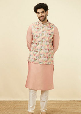 alt message - Manyavar Men Soft Beige Jaal Patterned Chikankari Embroidered Jacket image number 2