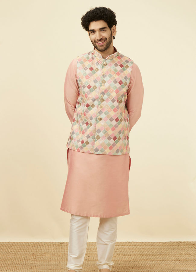 Manyavar Men Soft Beige Jaal Patterned Chikankari Embroidered Jacket