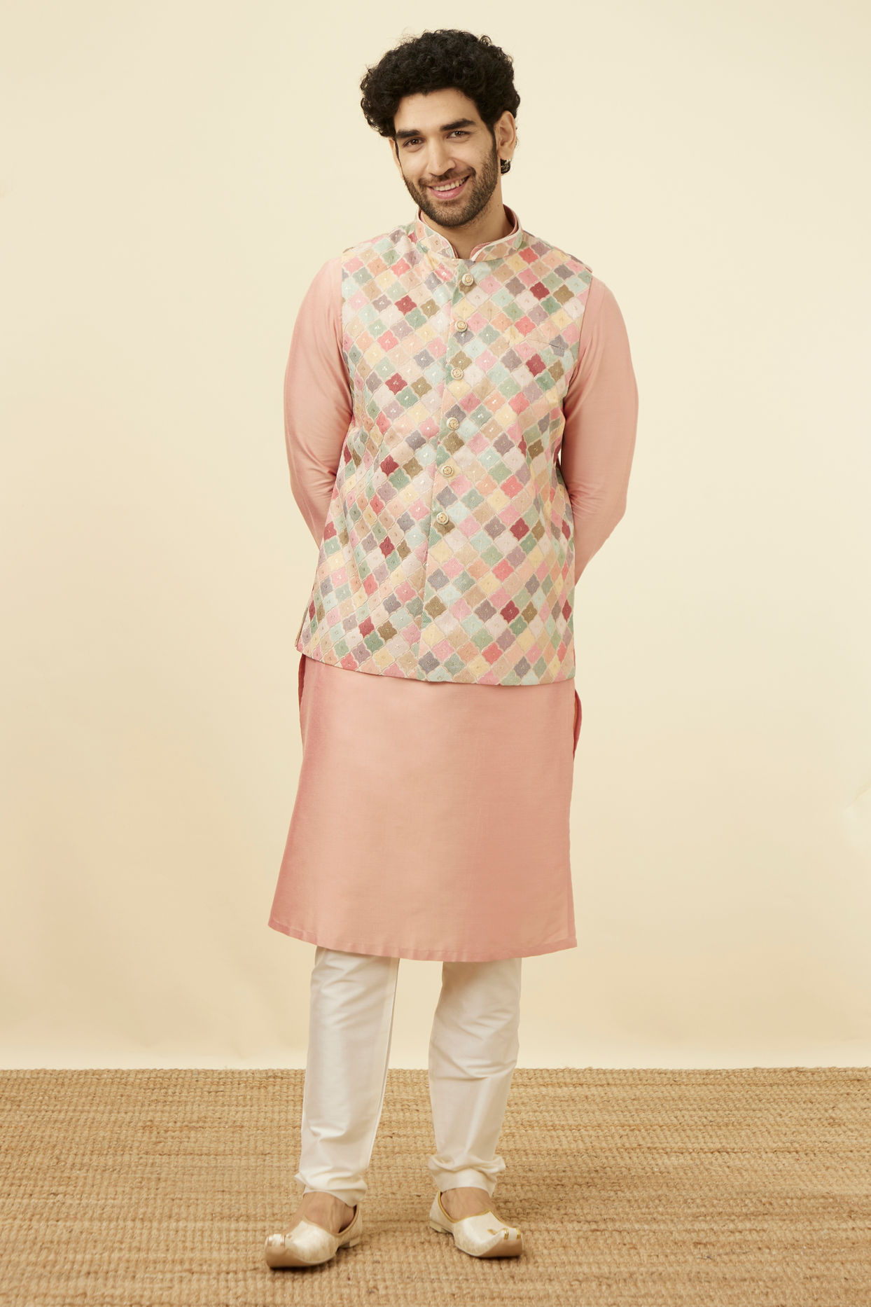 Manyavar Men Soft Beige Jaal Patterned Chikankari Embroidered Jacket