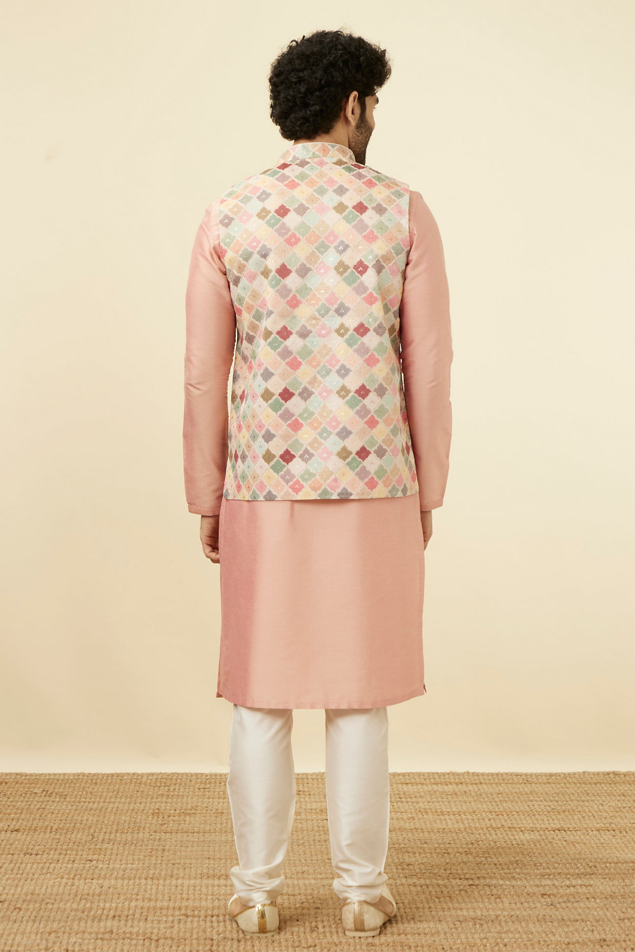 Manyavar Men Soft Beige Jaal Patterned Chikankari Embroidered Jacket