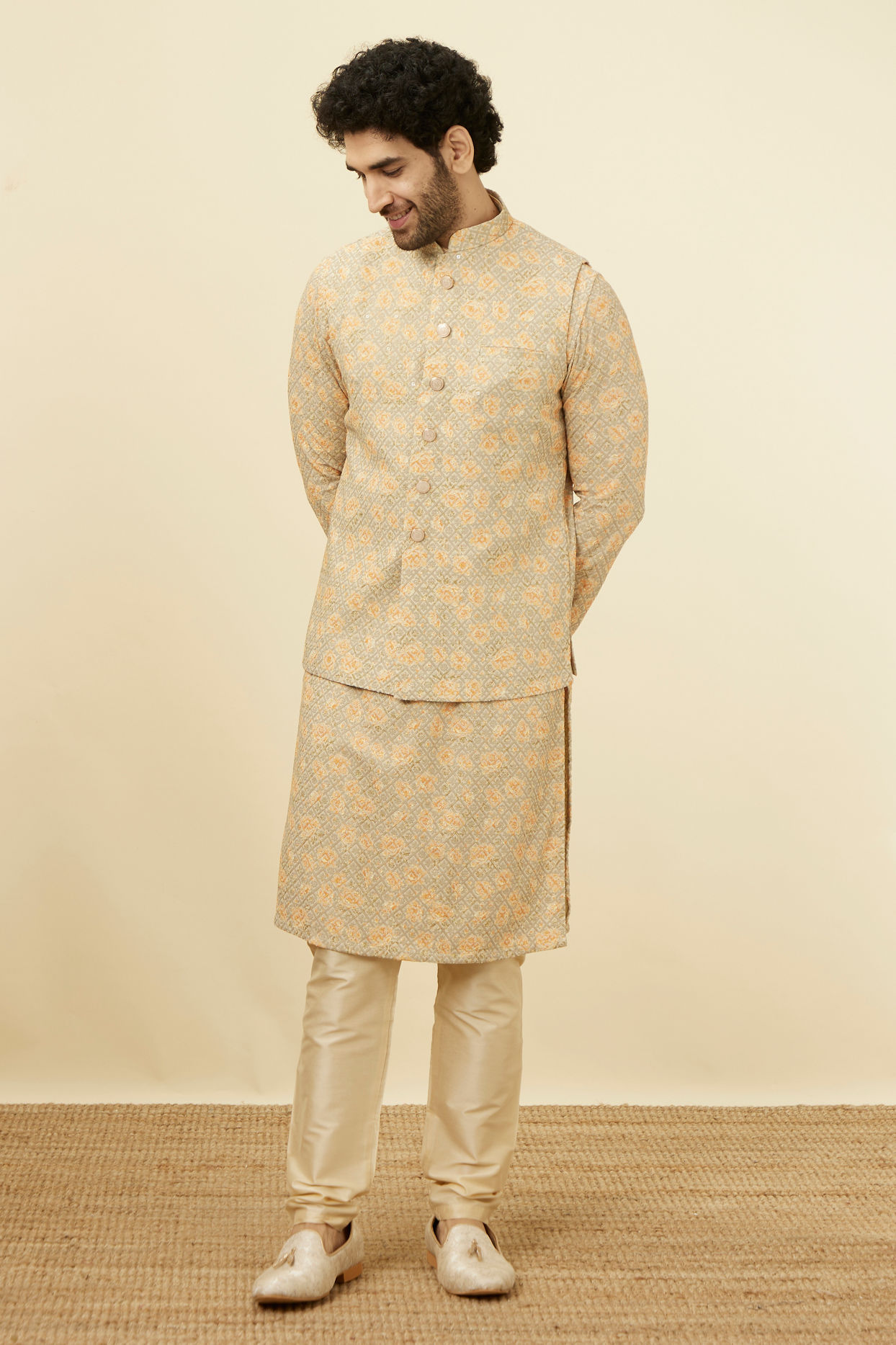 Manyavar Men Light Pista Chikankari Jacket