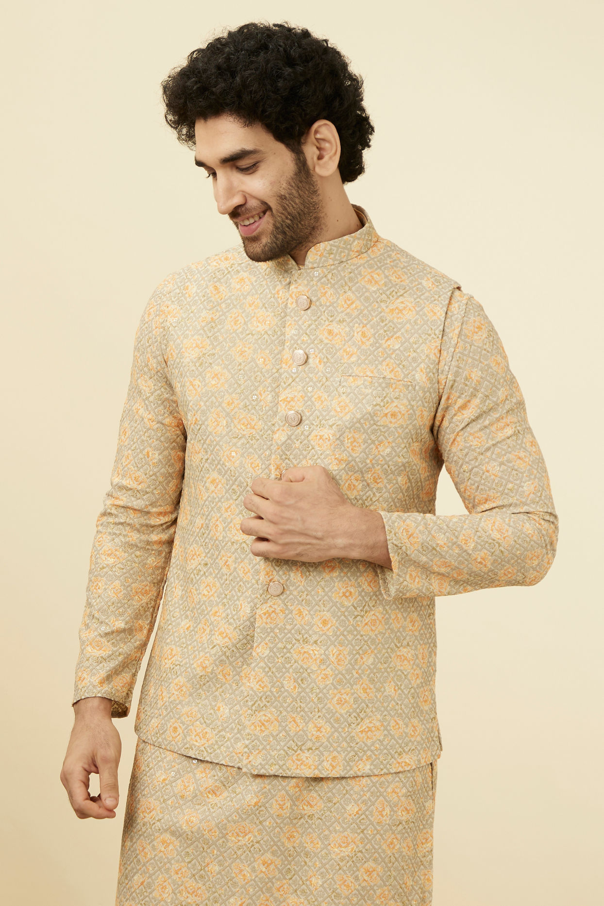 Manyavar Men Light Pista Chikankari Jacket