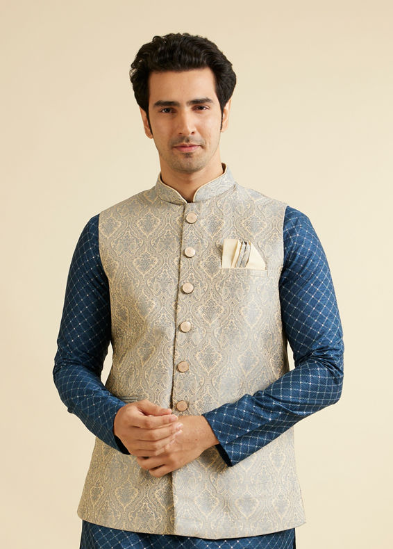 Manyavar Men Dark Grey Medallion Patterned Nehru Jacket