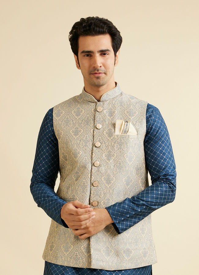 alt message - Manyavar Men Dark Grey Medallion Patterned Nehru Jacket image number 0