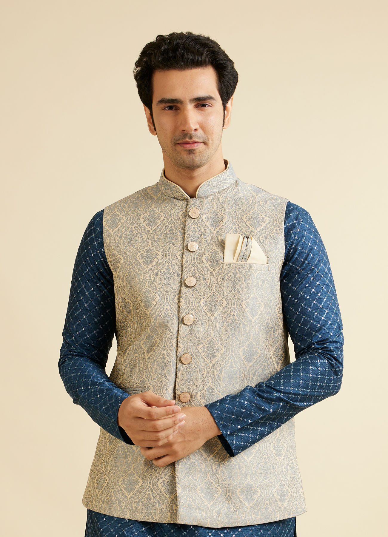 Manyavar Men Dark Grey Medallion Patterned Nehru Jacket