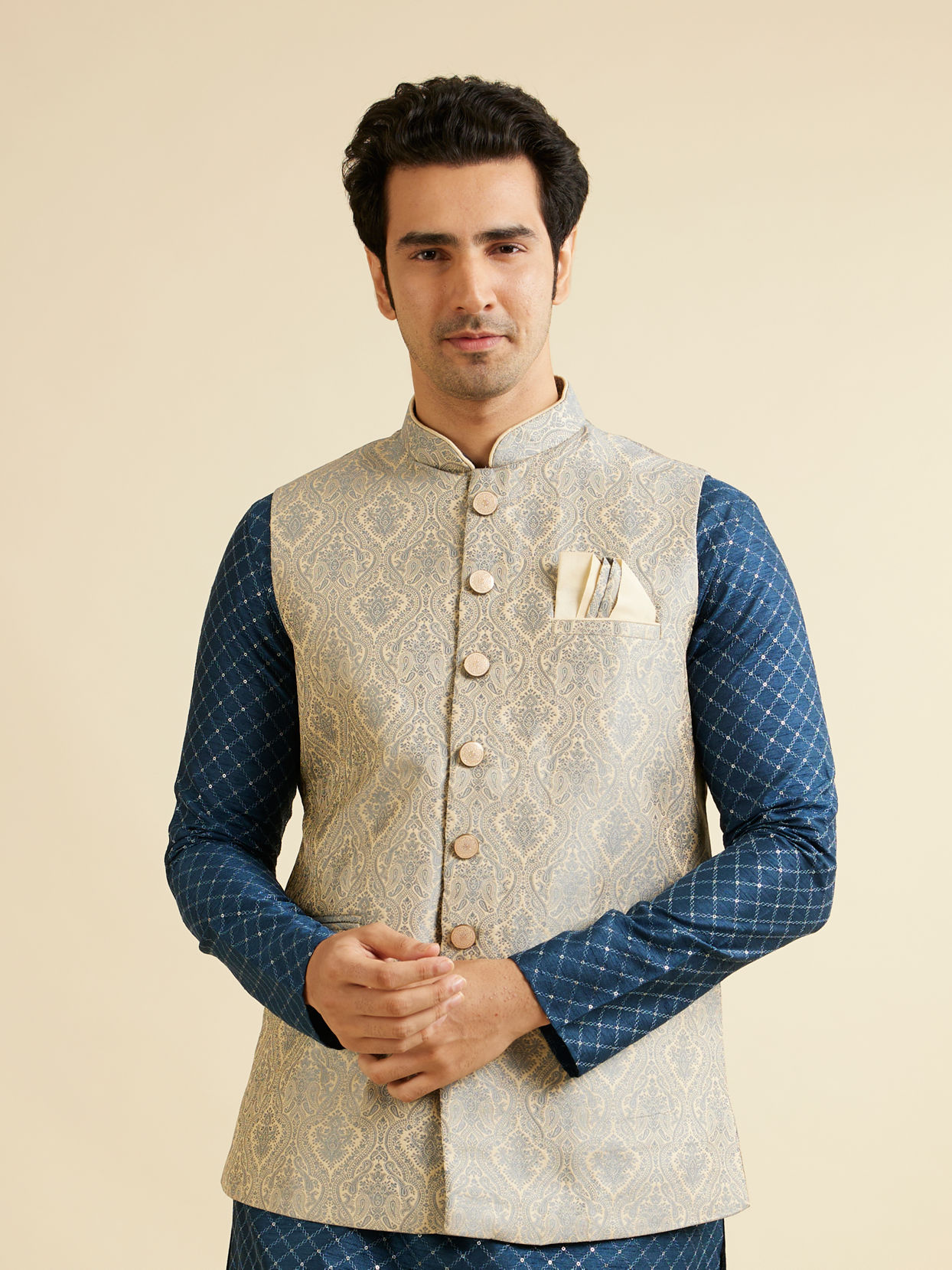 alt message - Manyavar Men Dark Grey Medallion Patterned Nehru Jacket image number 0