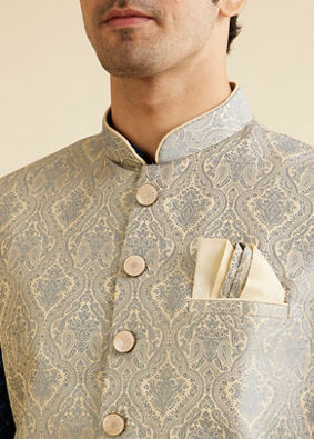 Manyavar Men Dark Grey Medallion Patterned Nehru Jacket