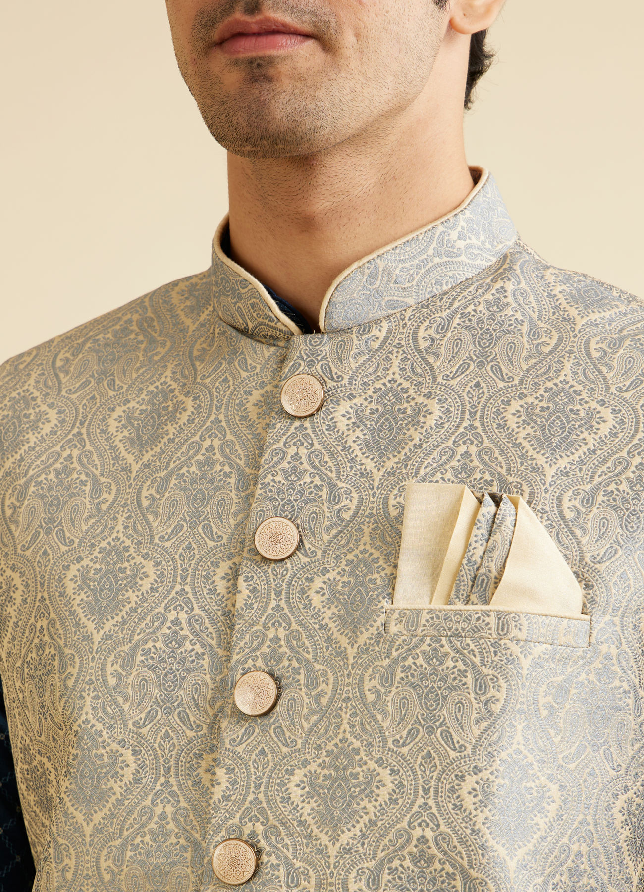 Manyavar Men Dark Grey Medallion Patterned Nehru Jacket