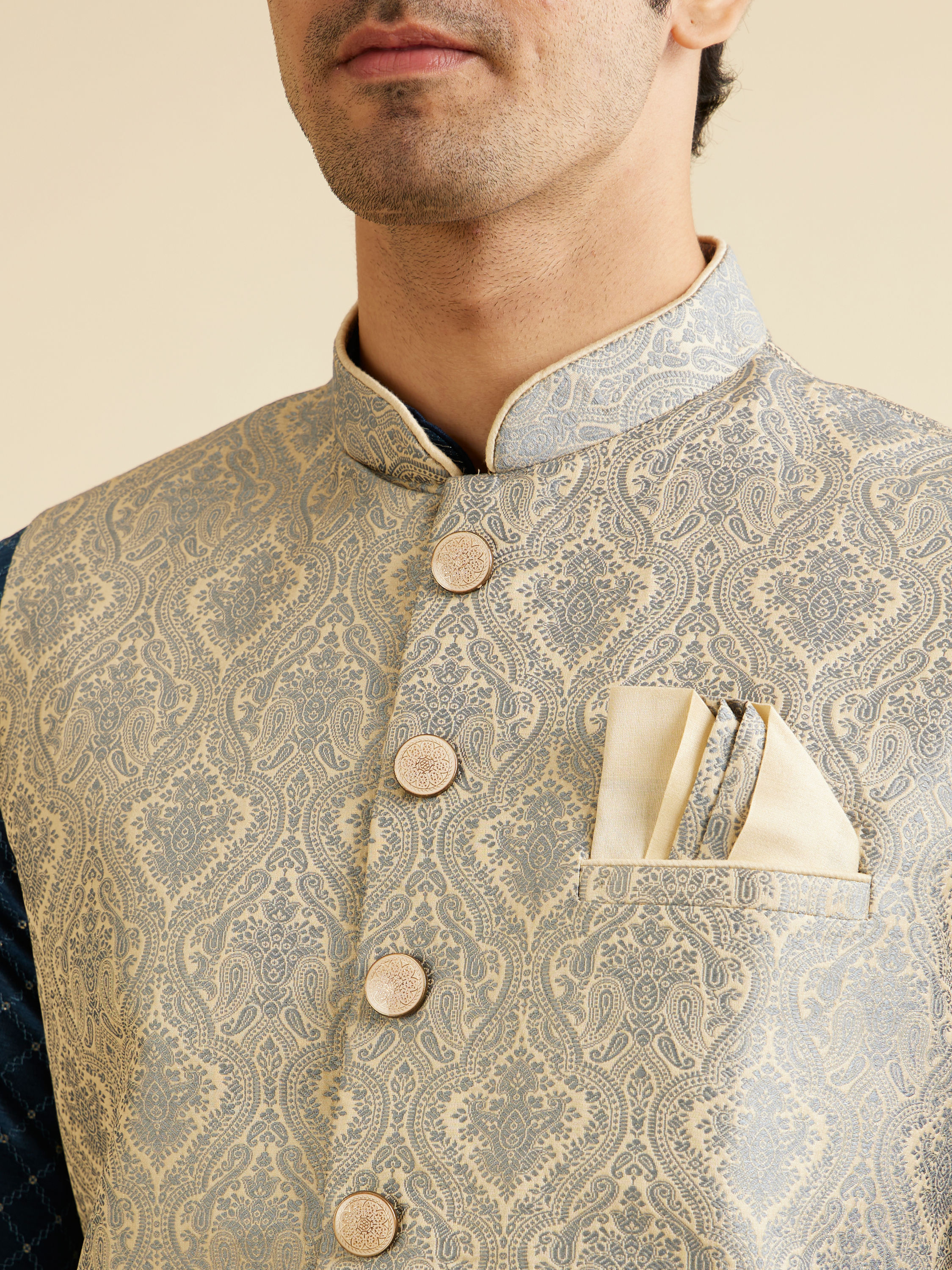 Manyavar Men Dark Grey Medallion Patterned Nehru Jacket