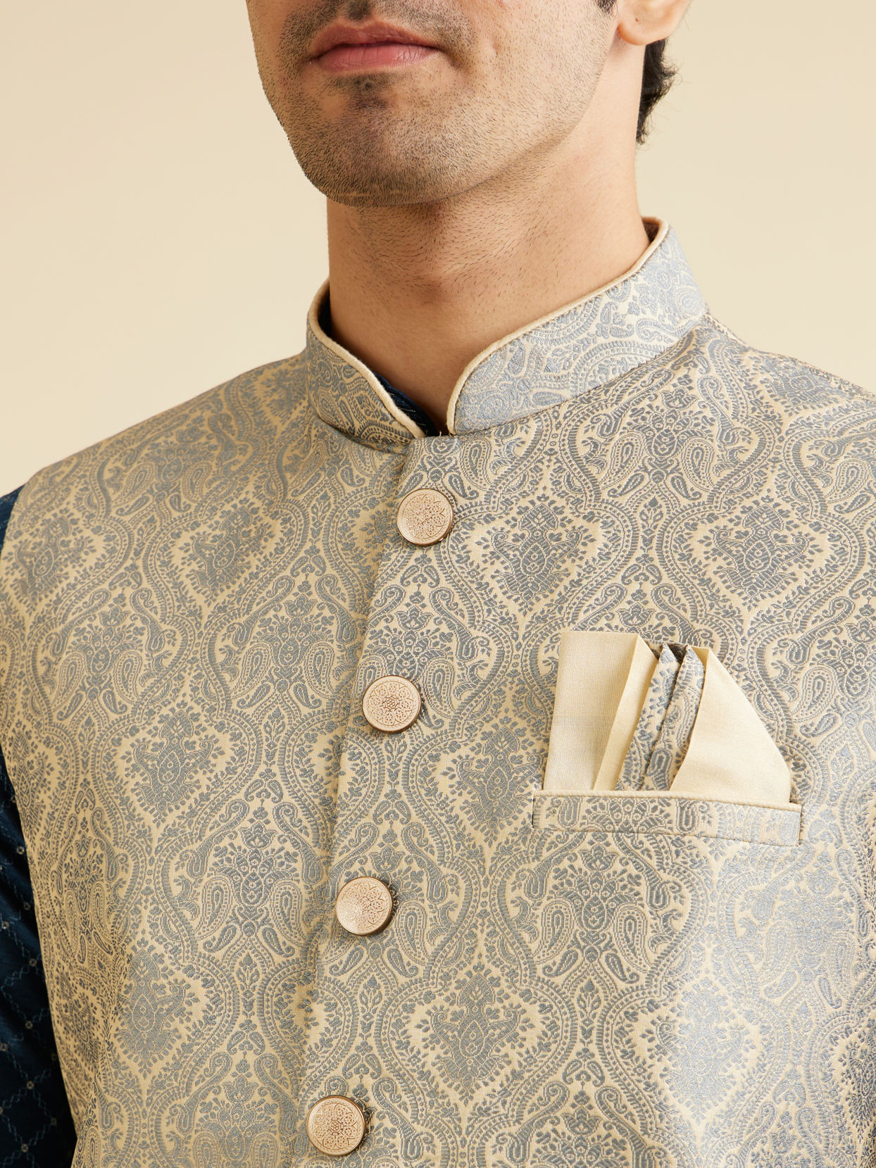 alt message - Manyavar Men Dark Grey Medallion Patterned Nehru Jacket image number 1