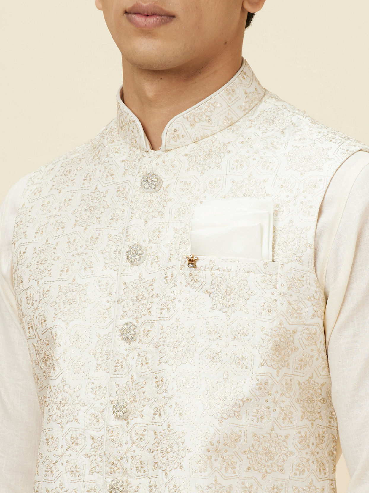 alt message - Manyavar Men Warm White Jaal Patterned Jacket image number 1