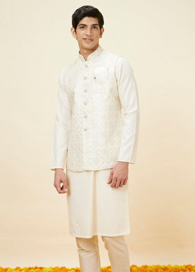 alt message - Manyavar Men Warm White Jaal Patterned Jacket