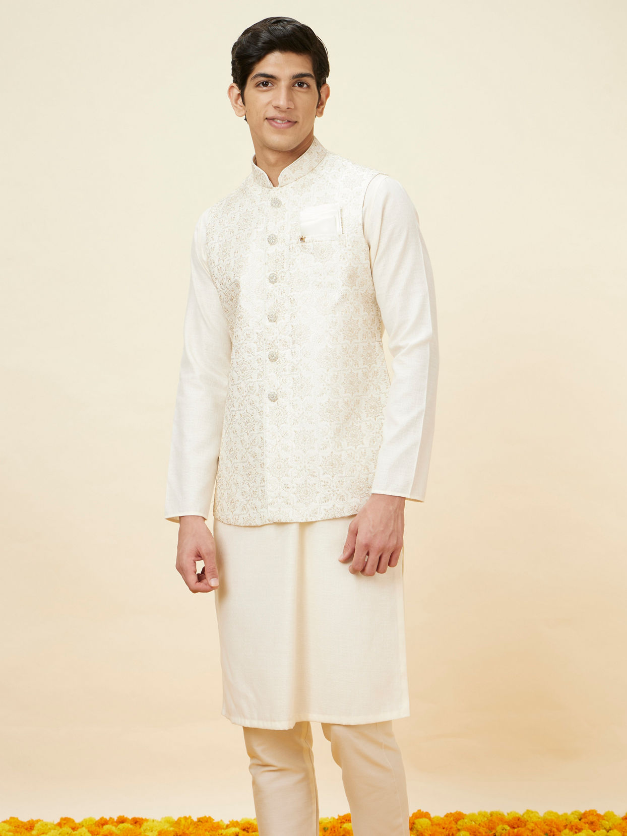 alt message - Manyavar Men Warm White Jaal Patterned Jacket image number 0