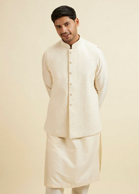 alt message - Manyavar Men Warm White Sequinned Jaal Patterned Jacket