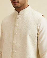 Manyavar Men Warm White Sequinned Jaal Patterned Jacket