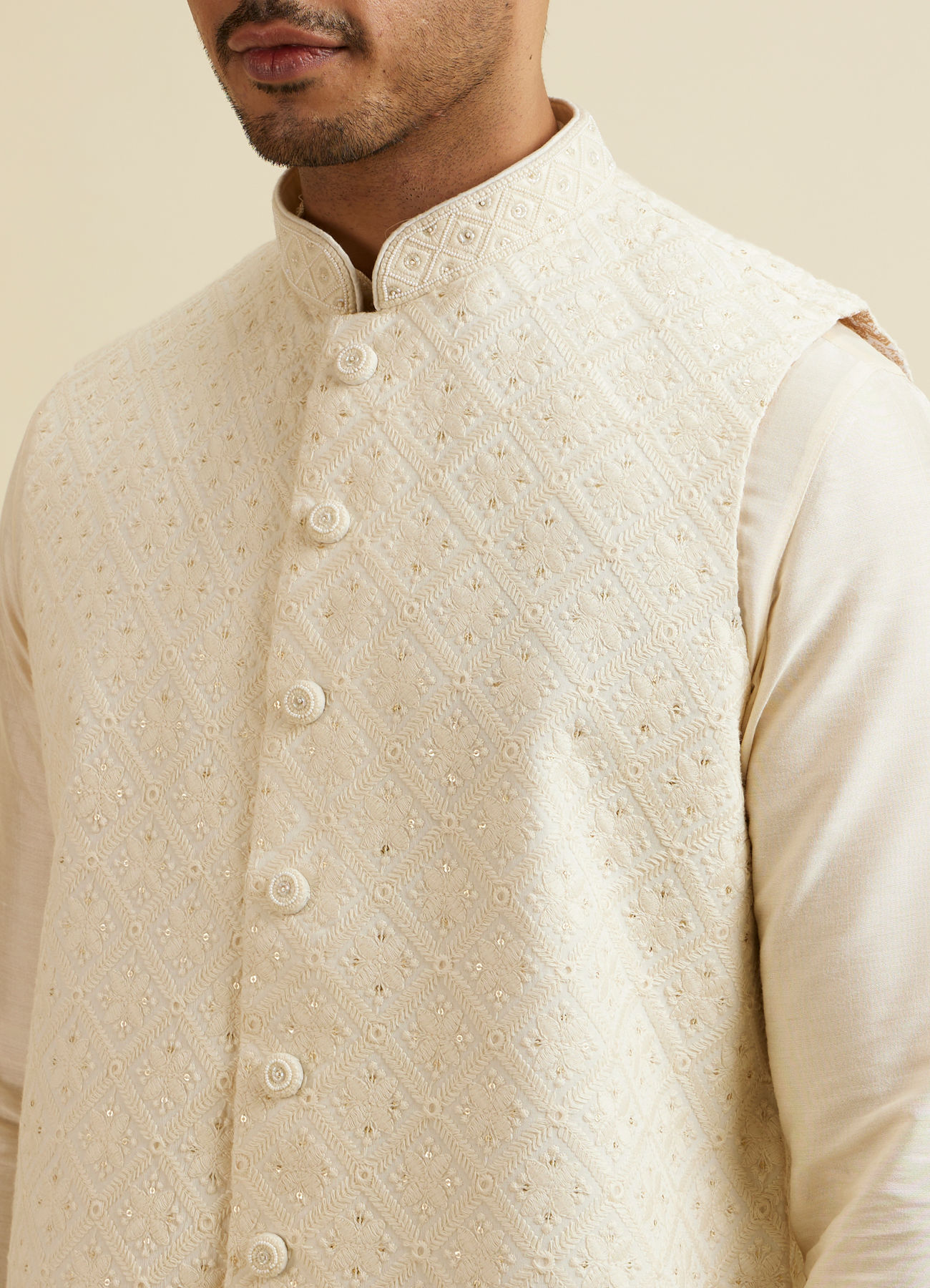 Manyavar Men Warm White Sequinned Jaal Patterned Jacket