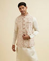 alt message - Manyavar Men Cream Bel Buti Patterned Jacket image number 0