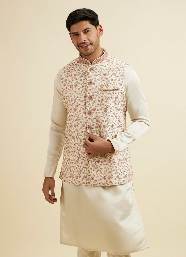 alt message - Manyavar Men Cream Bel Buti Patterned Jacket image number 0