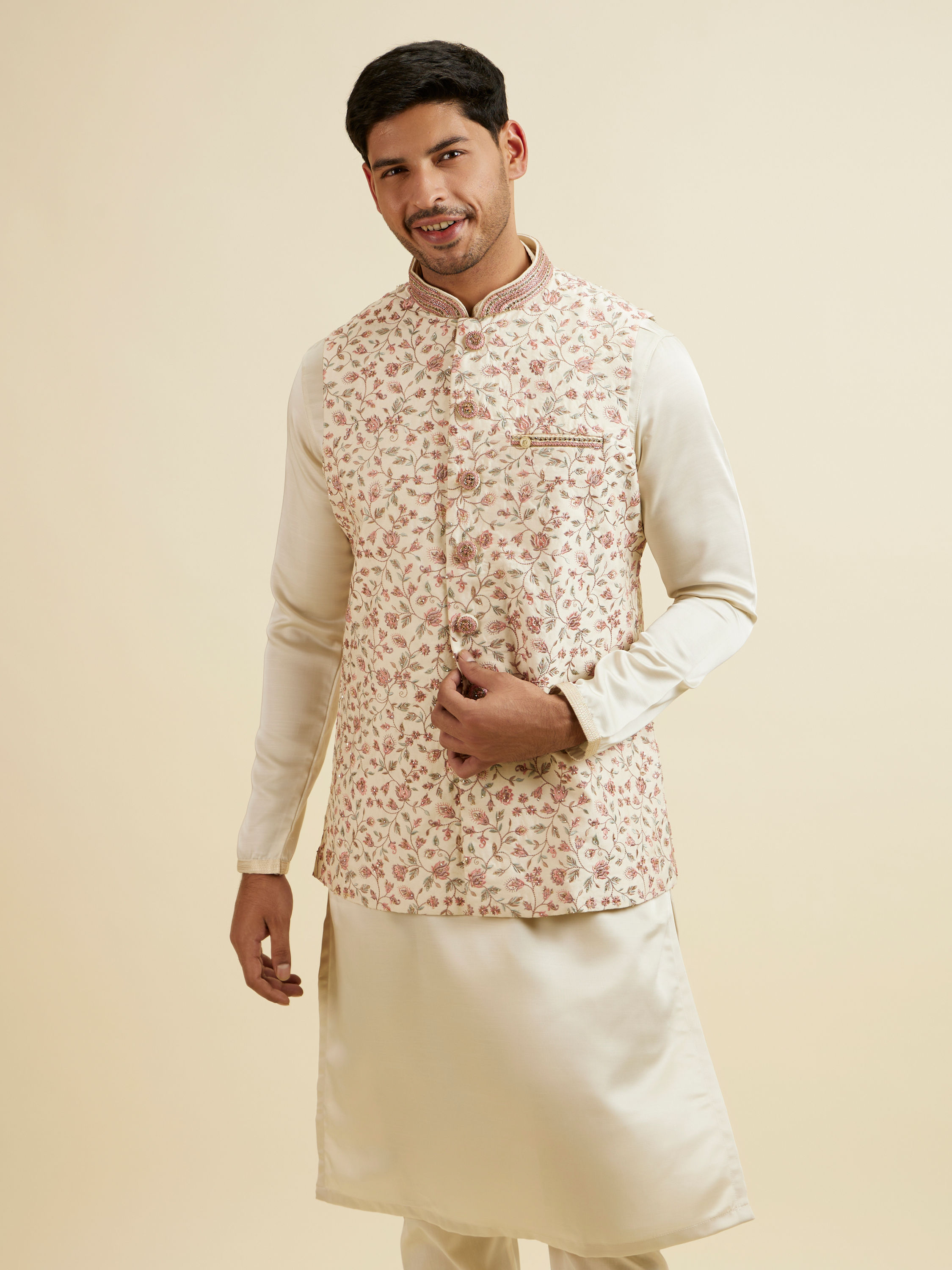 Manyavar Men Cream Bel Buti Patterned Jacket