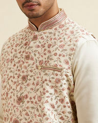 Manyavar Men Cream Bel Buti Patterned Jacket