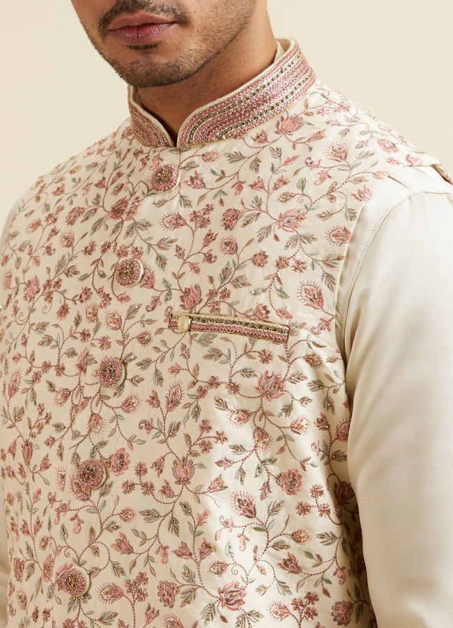 alt message - Manyavar Men Cream Bel Buti Patterned Jacket image number 1