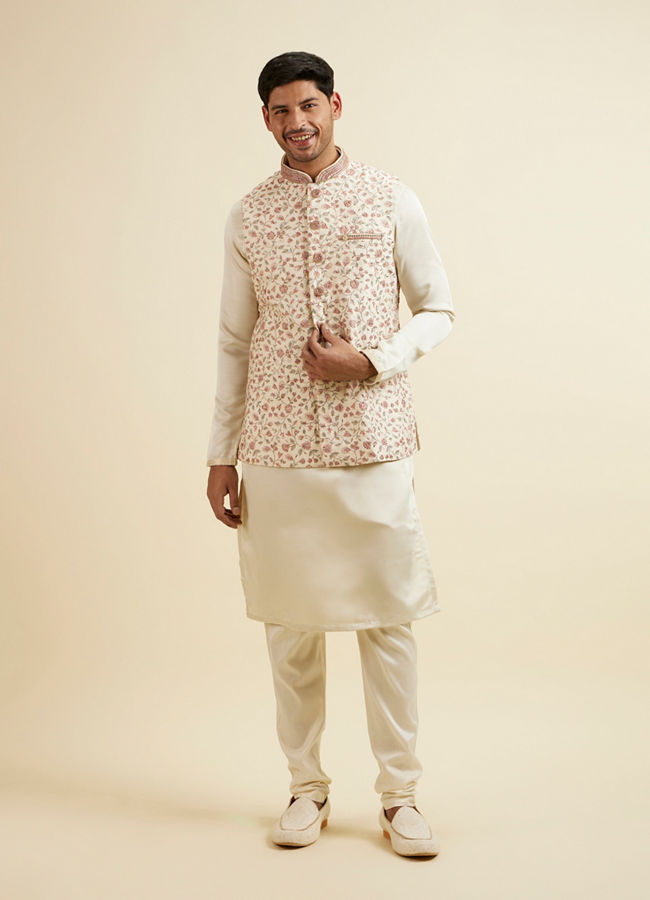 alt message - Manyavar Men Cream Bel Buti Patterned Jacket image number 2