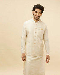 Manyavar Men Pearl White Bel Buti Patterned Jacket