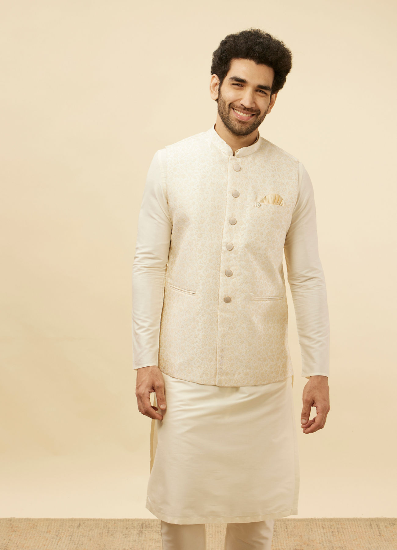 Manyavar Men Pearl White Bel Buti Patterned Jacket