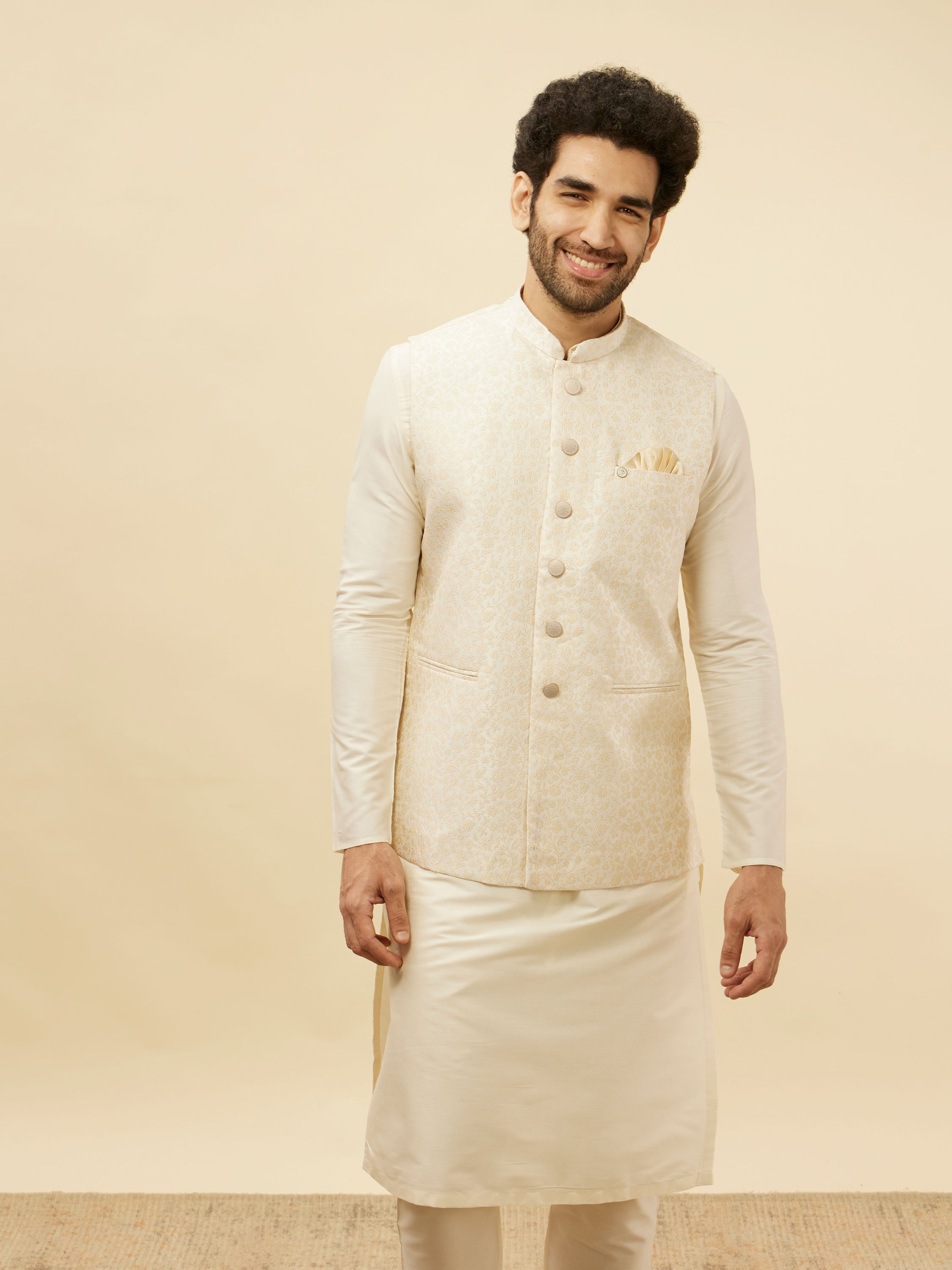 Manyavar Men Pearl White Bel Buti Patterned Jacket