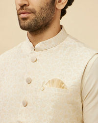 Manyavar Men Pearl White Bel Buti Patterned Jacket