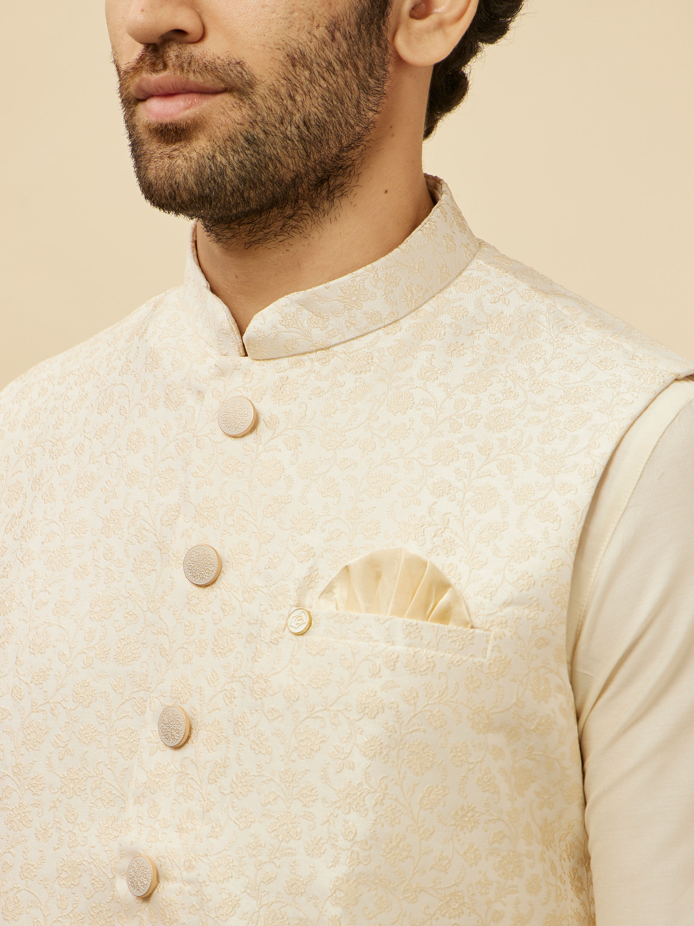 Manyavar Men Pearl White Bel Buti Patterned Jacket