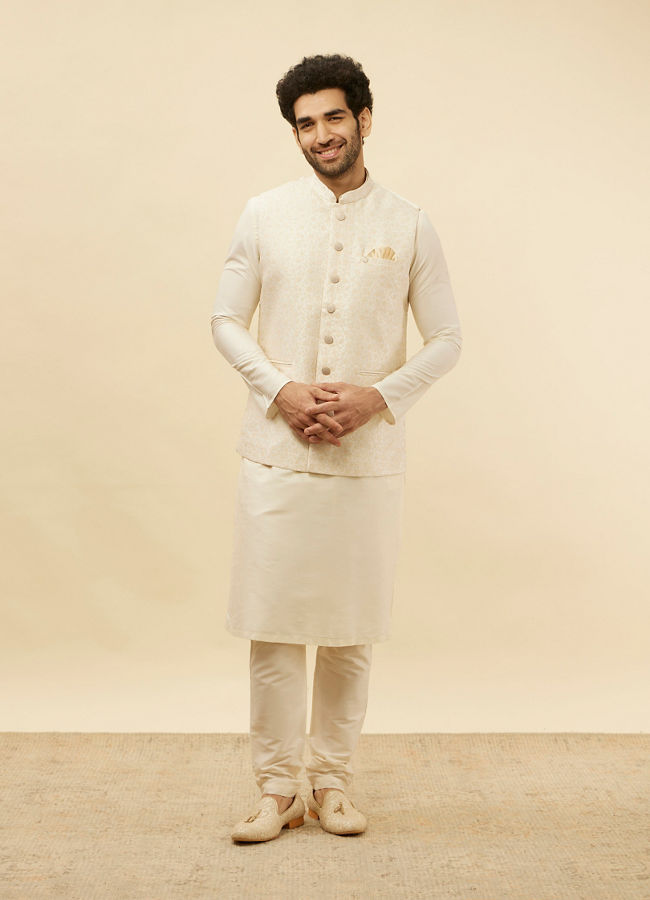 Manyavar Men Pearl White Bel Buti Patterned Jacket