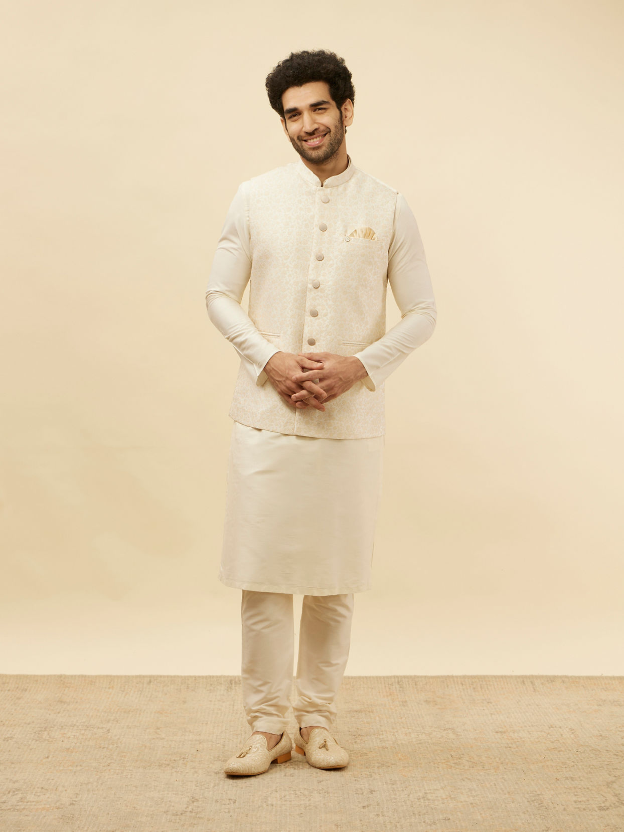 Manyavar Men Pearl White Bel Buti Patterned Jacket
