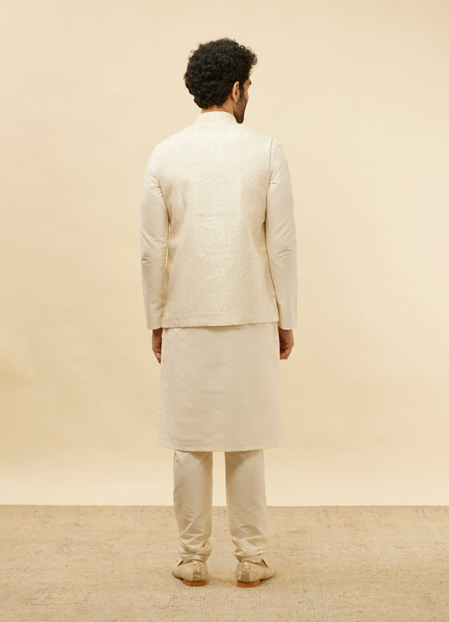 Manyavar Men Pearl White Bel Buti Patterned Jacket