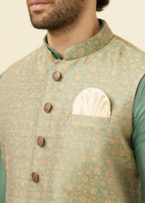 alt message - Manyavar Men Sage Green Brocade Jacket image number 1